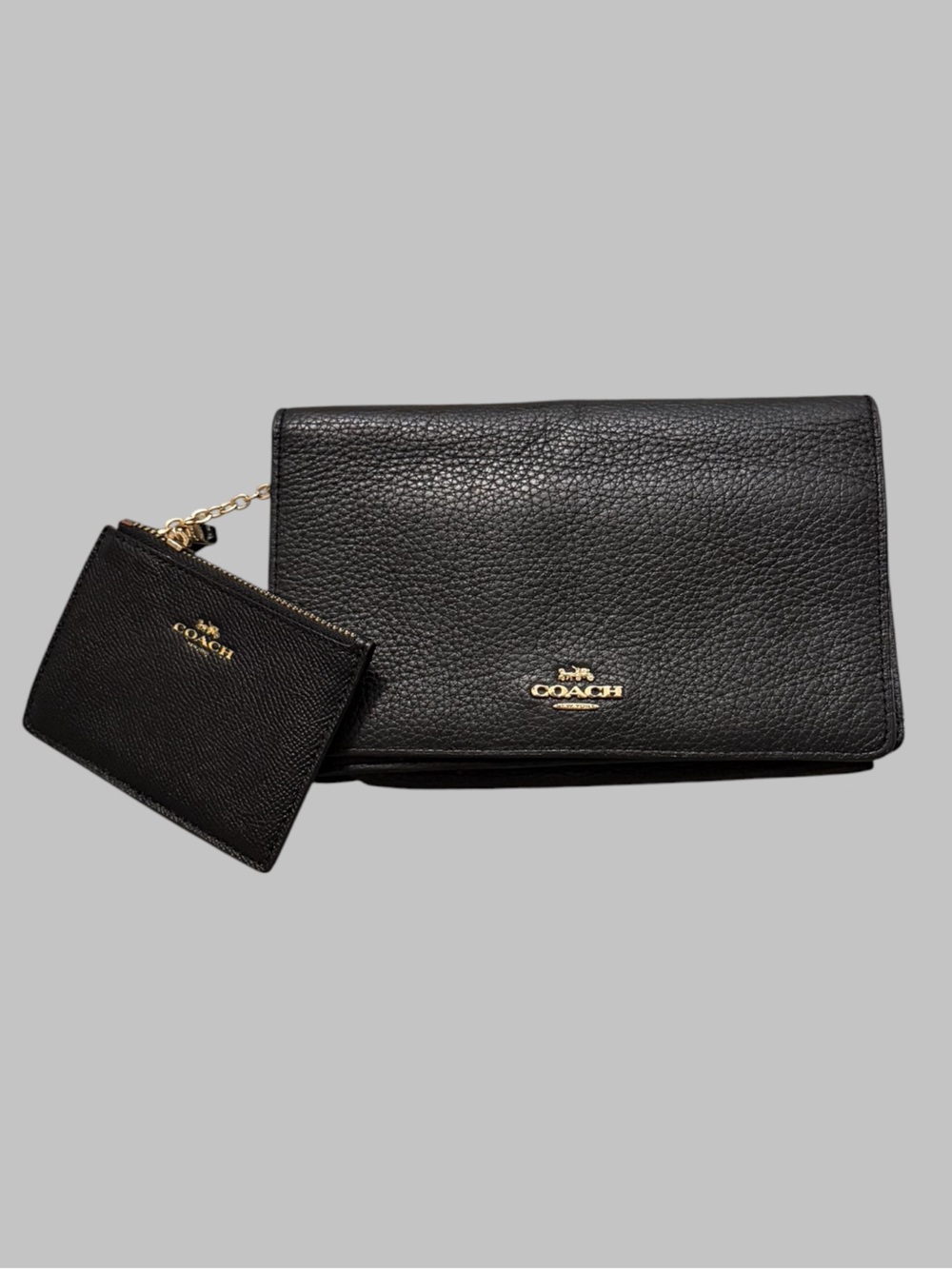Coach Black Pebbled Foldover Clutch + Attached Mini Coach Black Zip Card Case